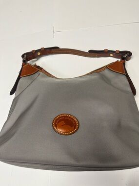 Dooney & Bourke Gray Nylon Shoulder Bag with Brown Leather Trim